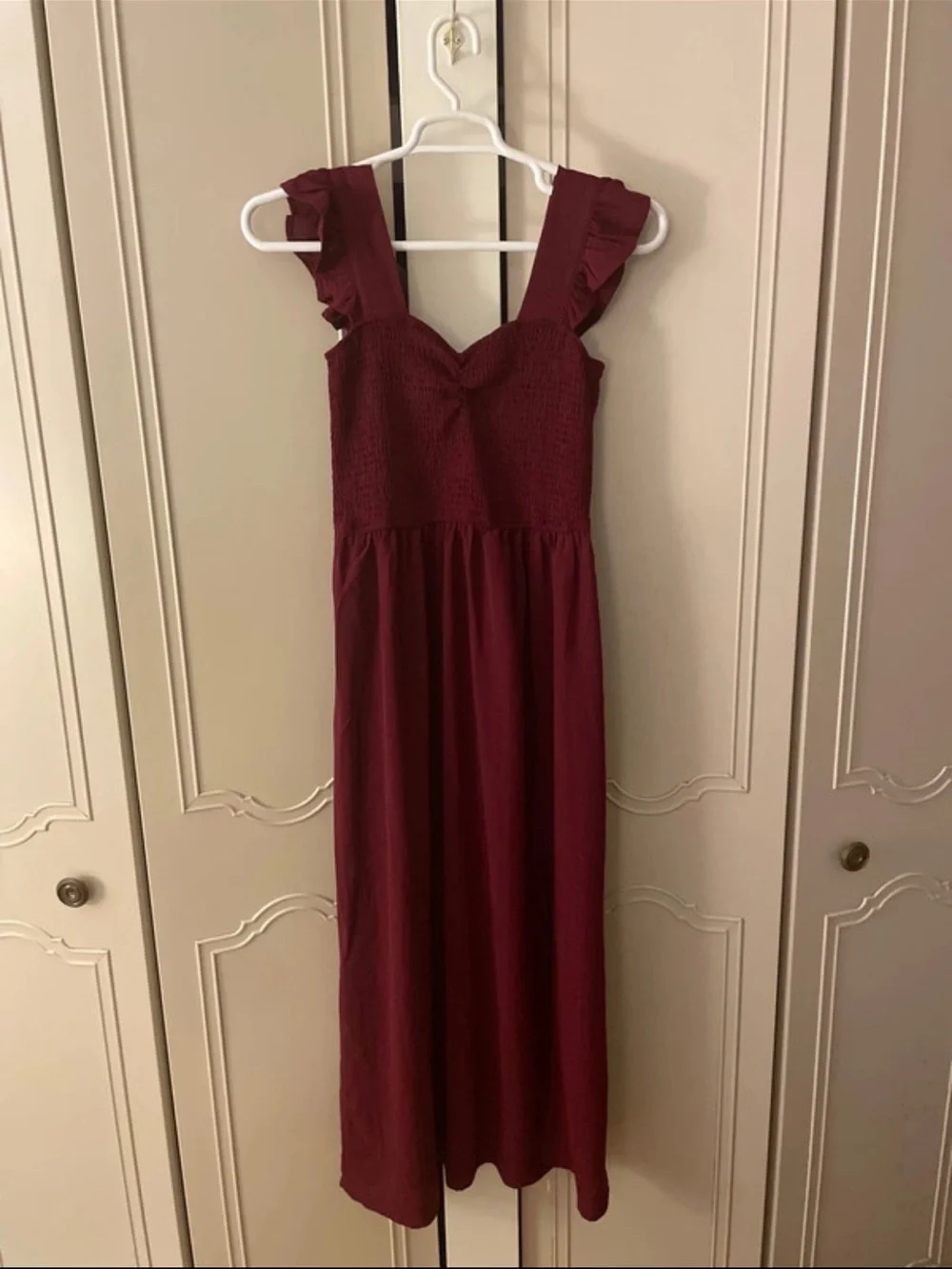 Inspired Hearts Wine Ruffle-Shoulder Maxi Dress